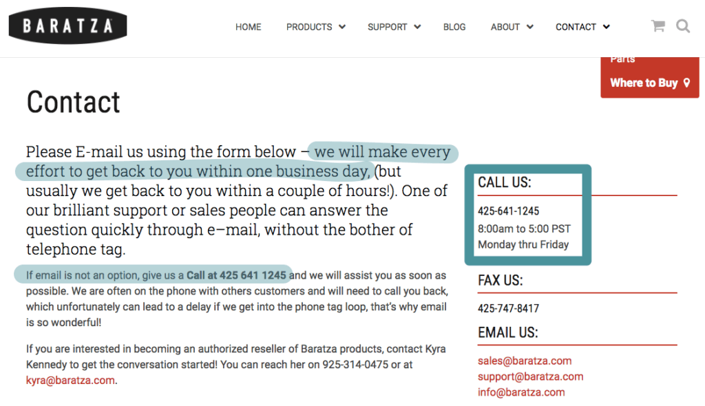 Baratza's contact page gives you all the information you might need.